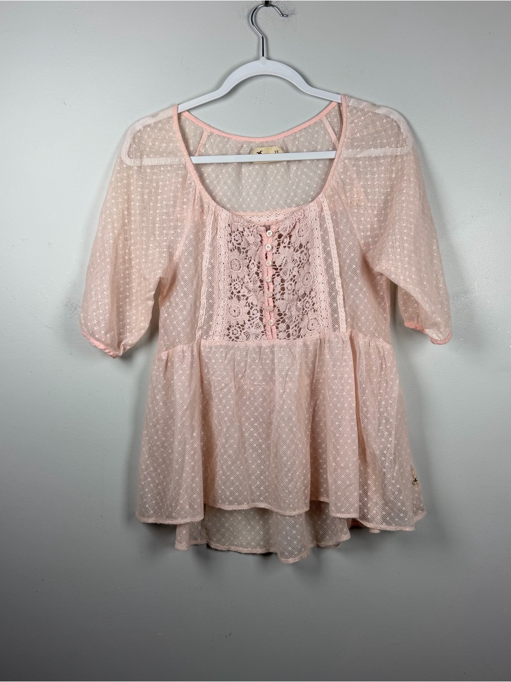 Hollister Light Pink Sheer Y2K Micro Dot Babydoll Top Blouse Fairy Coquette XS